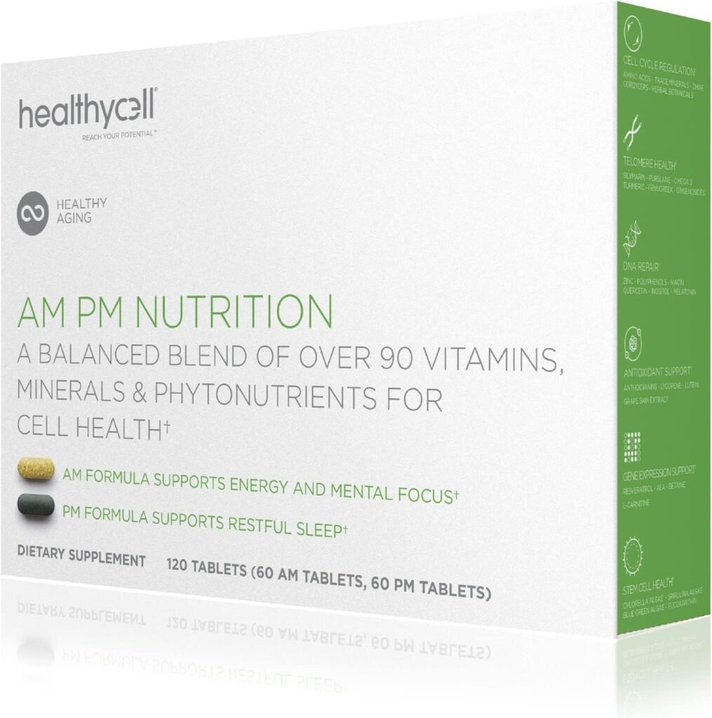 Healthycell AM PM, Natural AntiAging Multivitamin for Men, Women, Supports Cell Health, Stem Cells, Energy, Sleep, with Vegetarian Whole Food Vitamins, Antioxidants, Probiotics (30 Servings)